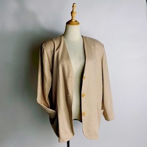 VINTAGE 80s/90s Houndstooth Tan & White Plaid Blazer Womens Large